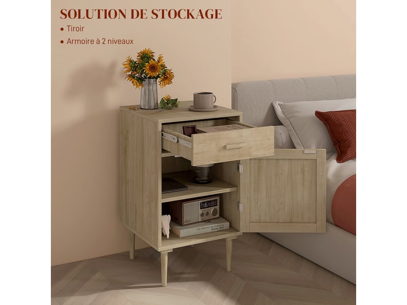 Lot de 2 tables de chevet avec placard et étagère porte rotin tissé 1 tiroir design bohème - naturel 40 x 40 x 68,5 cm  - Conforama E
