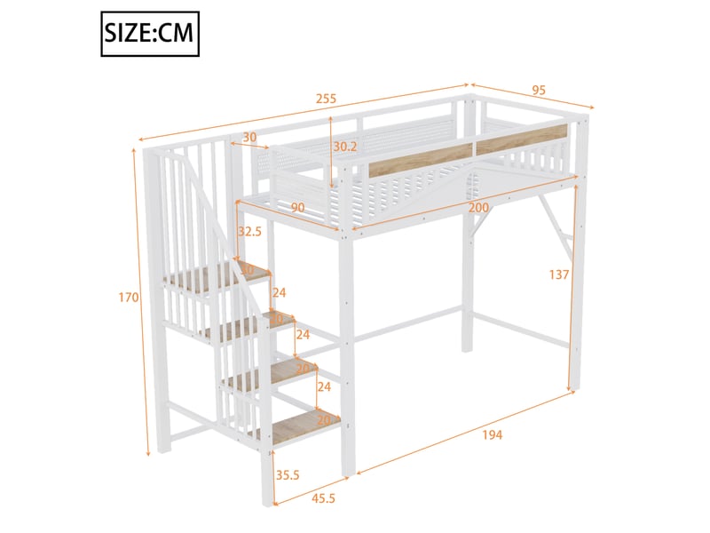  Lit mezzanine enfant 90x200 cm en métal blanc avec échelle sécurisée  - Conforama C