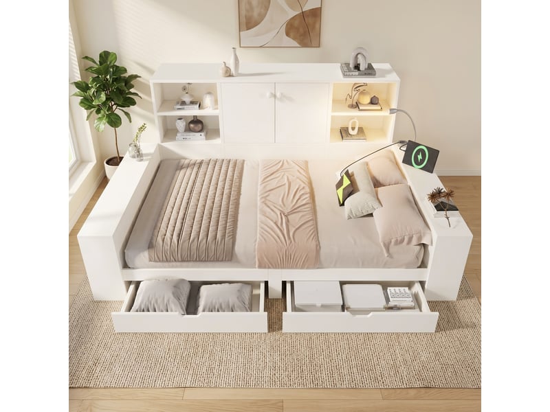 Lit avec rangement 140x200 cm en bois blanc, tiroirs et portes, usbusb-c, lit banquette multifonction gain de place Morn Vibe - Conforama C