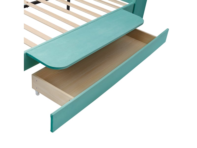  Lit enfant 140x200 cm, tablette latérale rabattable, tiroir rangement, bureau, chambre, bois, bleu-vert, sans matelas  - Conforama E