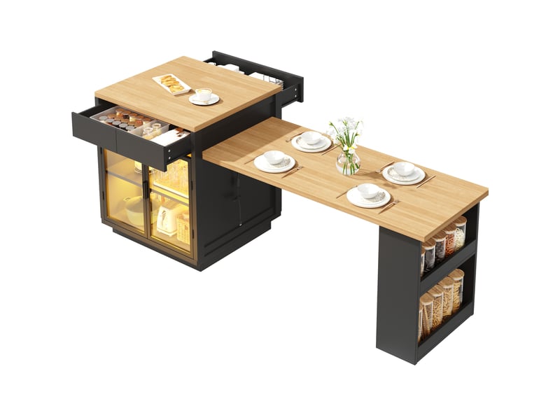  Îlot de cuisine extensible 122-194.5x70x94 cm, 2 tiroirs, led, mdf noir  - Conforama A