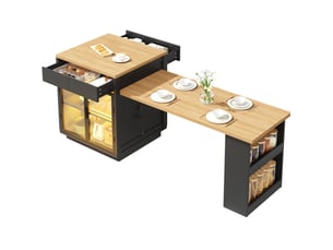 Îlot de cuisine extensible 122-194.5x70x94 cm, 2 tiroirs, led, mdf noir
