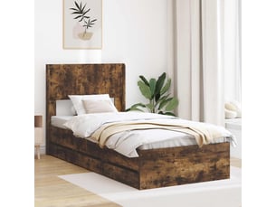Lit adulte, lit simple, cadre de lit avec rangement et tête de lit chêne fumé cf1648