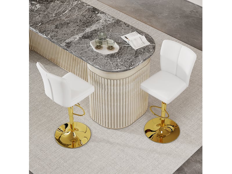  Lot de 2 tabourets de bar 95,5-117,5 cm réglables pivotants 360°, métal, polyuréthane, pour salon, cuisine, blanc et or  - Conforama D
