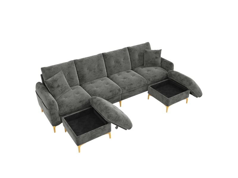 Canapé 4 places avec 2 coussins, chenille gris 263x137x85 cm - Conforama A