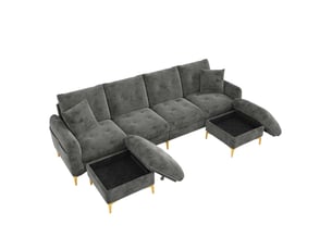 Canapé d'angle réversible fixe <strong>MODFU</strong> <strong></strong> 4 places Tissu gris avec coffre de rangement