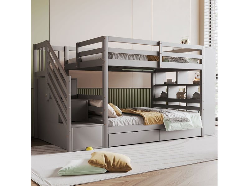  Lit superposé, 90x200 cm, avec escalier de sécurité, solutions de rangement, matelas non inclus, bois, coloris gris  - Conforama E