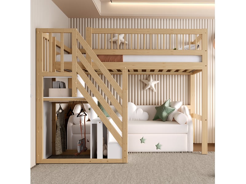  Lit mezzanine 90x200 cm avec escalier de rangement bois couleur naturelle sans matelas  - Conforama E
