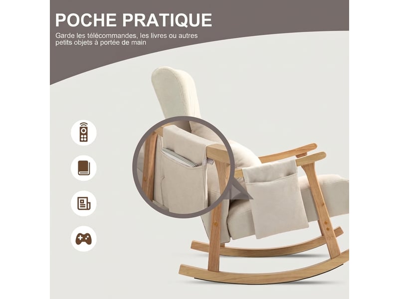  Fauteuil à bascule beige avec coussin lombaire, revêtement aspect lin et cadre en bois, 65x90x98 cm  - Conforama R
