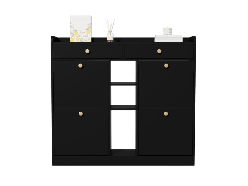  Meuble à chaussures avec 4 portes abattantes, 2 tiroirs et 3 niches pour entrée 110×26×100 cm noir  - Conforama A