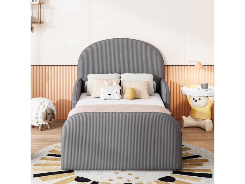 Lit enfant velours gris 90x200 cm avec rangement hydraulique et barrières de sécurité - Conforama B