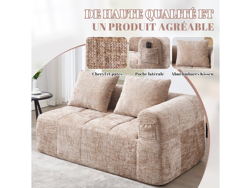  Canapé droit 2 places style chaise longue avec coussin et poches latérales en chenille kaki, 158 × 90 × 60 cm  - Conforama E