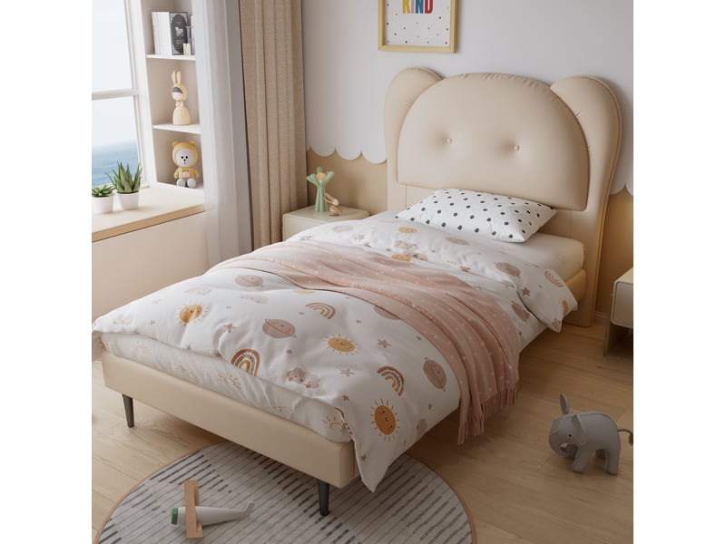  Lit simple 90x200 cm en pu beige avec tête de lit en forme d’animal  - Conforama B