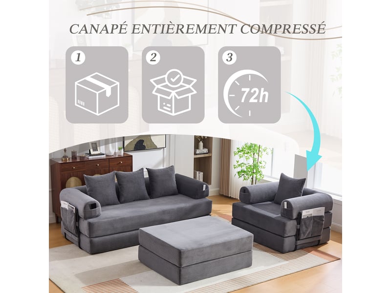  Canapé modulable 4 places en velours côtelé gris foncé 200x190x67 cm avec pouf, poche latérale et coussins pour salon 200x190x67cm - Conforama W