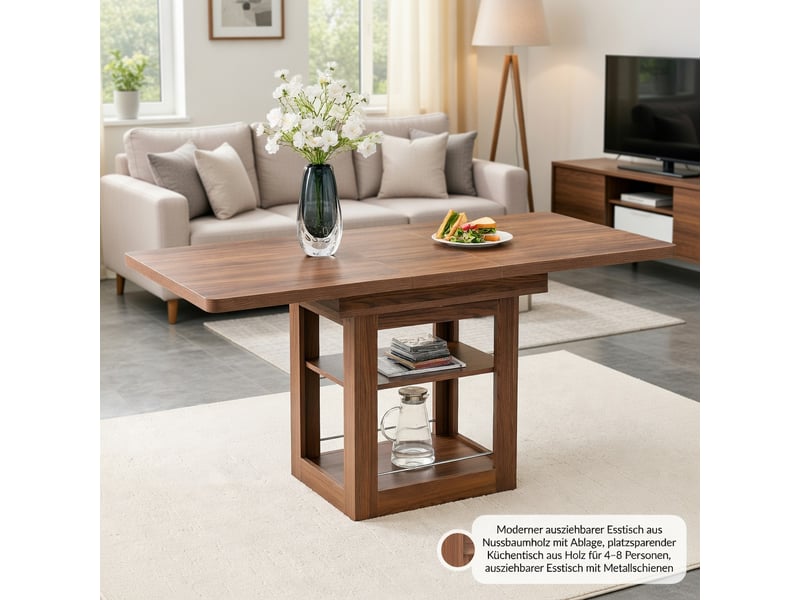  Table à rallonges imitation bois, noyer, en mdf, avec tablette intégrée, couleur noix  - Conforama B