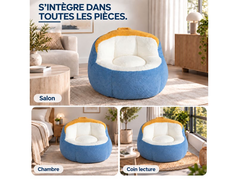 Canapé pouf géant en fausse fourrure, tissu doux respectueux de la peau, mousse déchiquetée haute résilience,bleu+blanc+jaune - Conforama D