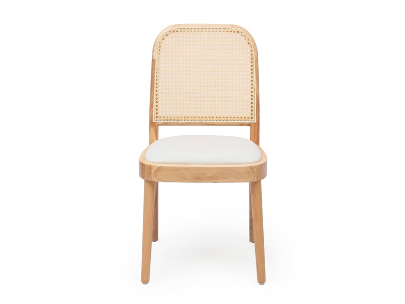 Ensemble table à manger extensible 118-158 cm + 6 chaises en bois massif, dossier rotin, mdf aspect bois, tiroirs en rotin, assise lin - Conforama E