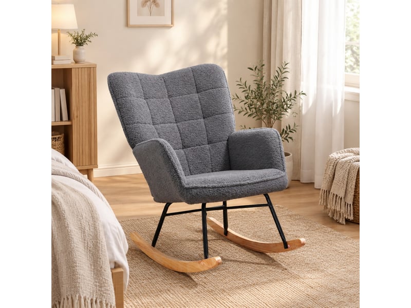 Fauteuil à bascule rembourré avec dossier haut incliné et accoudoirs, en polyester gris foncé, 71 × 98 × 101 cm - Conforama C