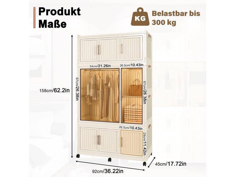  Armoire modulaire pliable 9 portes magnétiques en polypropylène beige, 8 espaces, penderie et roulettes, sans outil  - Conforama C