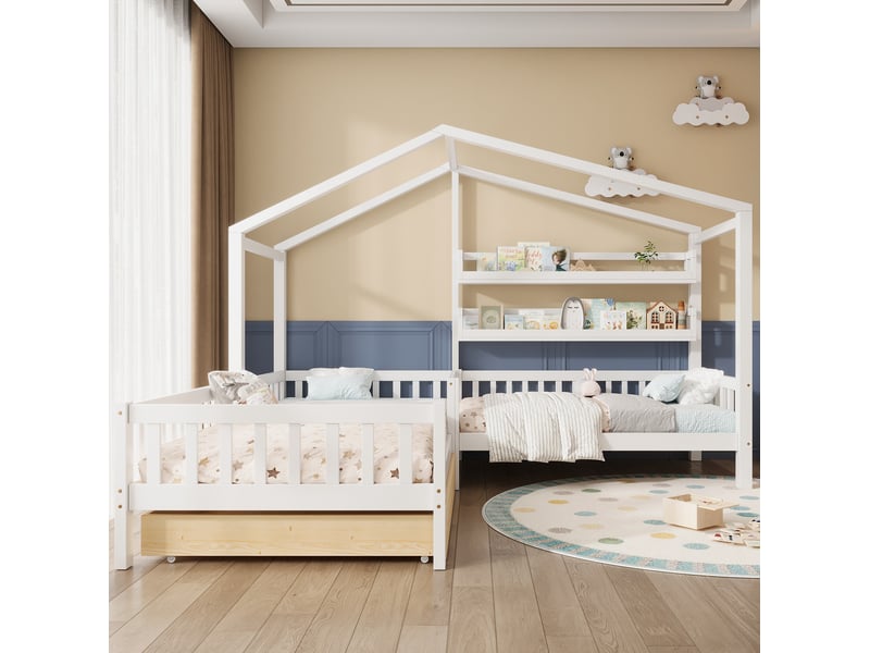  Lit enfant cabane - 90x200 cm + 140x70 cm, clôture et sommier à lattes, tiroirs et étagères inclus, en l, blanc  - Conforama D