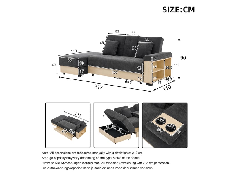 Canapé convertible 3 places, tissu chenille gris avec accoudoirs, canapé lit avec coffre de rangement et tiroirs pour salon moderne - Conforama C