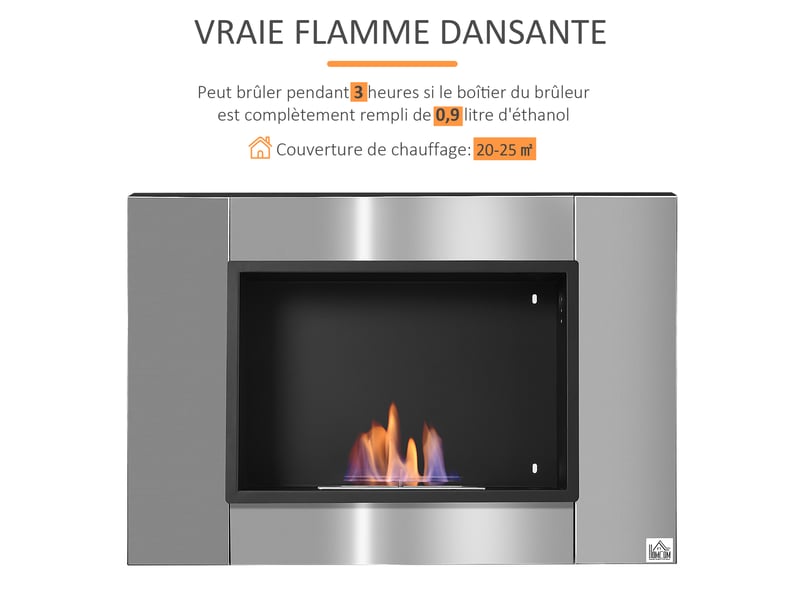  Cheminée bioéthanol murale encastrable brûleur 0,9 l, environ 3 h de durée de combustion 80l x 14l x 54h cm couverture 25-30 m² acier inox  - Conforama E