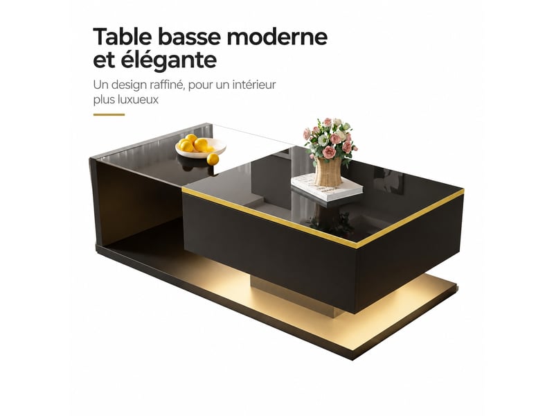  Table basse noire brillante avec éclairage led, 100 x 50 cm  - Conforama A