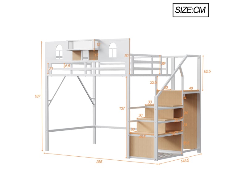  Lit mezzanine 140x200 cm avec échelle de rangement et espace libre, blanc  - Conforama C