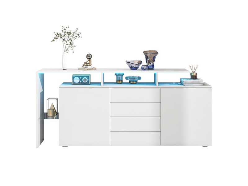  Buffet blanc laqué avec led 160 cm meuble tv 4 tiroirs et 2 portes  - Conforama A