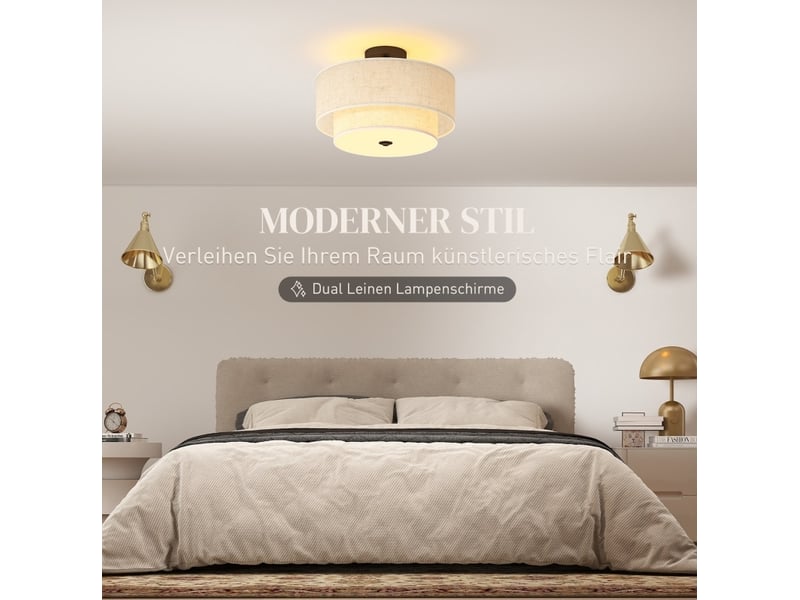  Suspension 40x40x26 cm à doubles abat-jour aspect lin métal blanc crème  - Conforama D