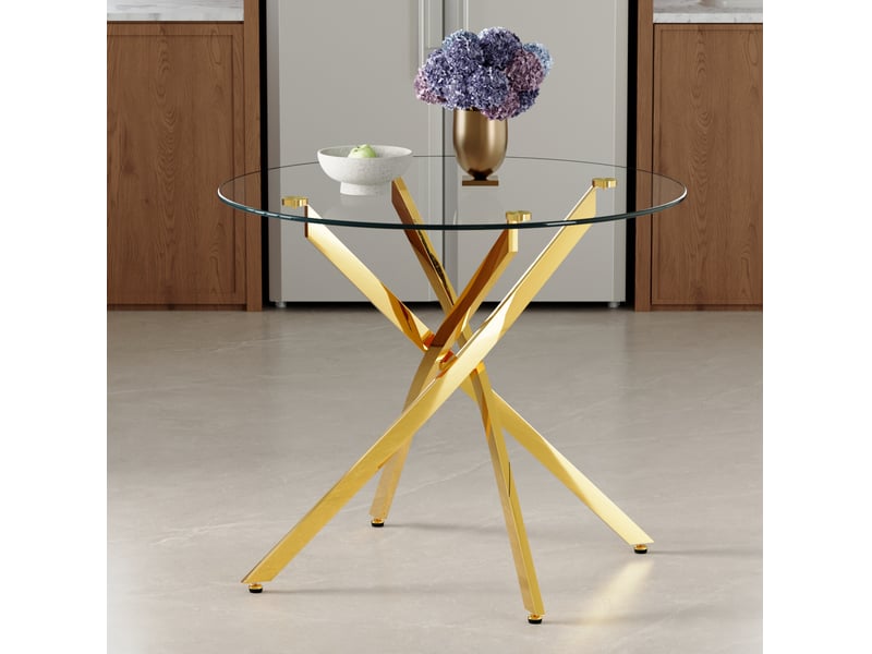  Table de salle à manger pour 2 à 4 personnes avec plateau en verre trempé, piètement métal doré, diamètre 88 × 75 cm  - Conforama C