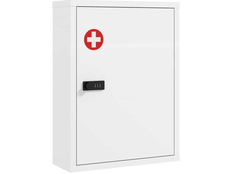  Armoire à pharmacie murale blanche en acier avec serrure à code et 3 niveaux, rangement sûr salle de bain  - Conforama A