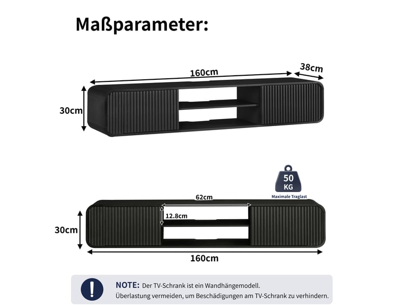  Meuble tv mural modenvie 160 x 38 x 30 cm noir en panneaux de particules avec rangement ouvert  - Conforama C