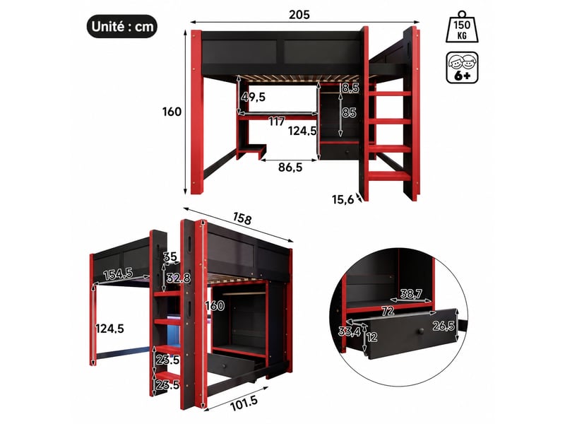 Lit mezzanine gamer 140x200 cm avec bureau, armoire, tiroirs et étagères, structure en pin, noir et rouge - Conforama C