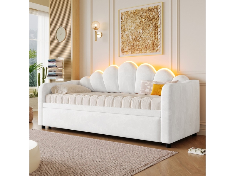  Lit banquette rembourré 90x200 cm blanc fonction coulissante plat relevé led  - Conforama D
