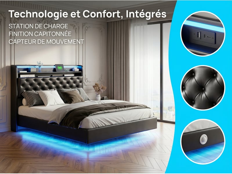  Lit 2 places 140x200 cm en cuir pu noir avec led, usb et rangement hydraulique – sommier suspendu  - Conforama D
