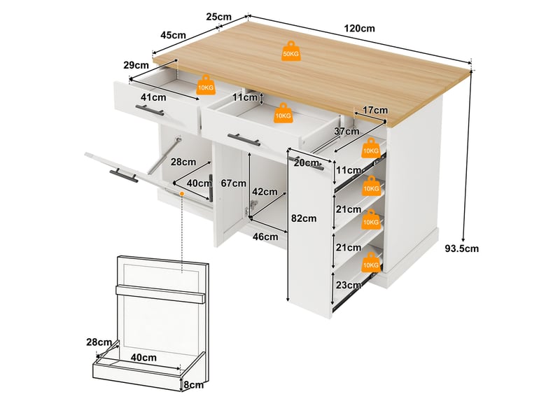 Îlot de cuisine mobile 120x45 (70)x93 cm, desserte avec plan de travail rabattable, tiroirs, étagère à épices, mdf blanc - Conforama C