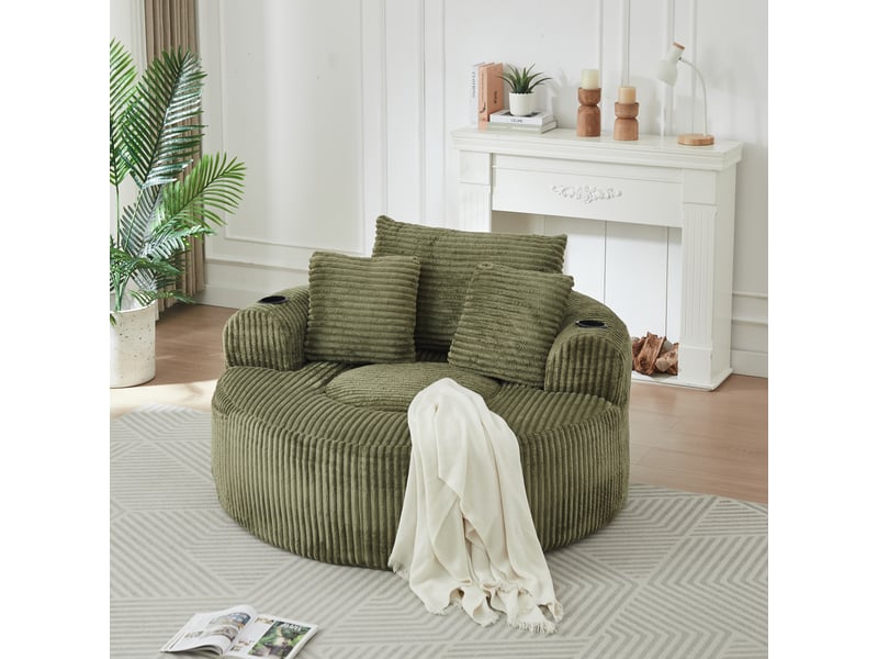  Fauteuil lounge rond 1 place - 3 coussins, 2 porte-gobelets et poches latérales - velours côtelé - vert CozyNest - Conforama B