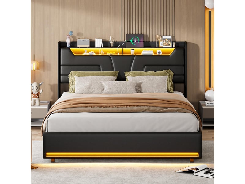  Lit coffre 160x200cm - lit double 160x200 - avec led tête de lit - prises usb et secteur - rangement hydraulique pu - noir  - Conforama C