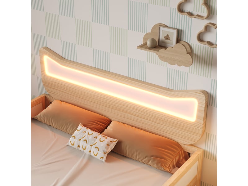  Lit enfant 90x200 avec sommier, tête de lit chat et led rgb, lit simple avec tiroir de rangement, blanc et chêne  - Conforama W