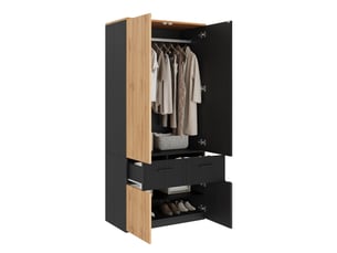 Armoire 2 portes 90x50x200 cm avec penderie et 2 tiroirs noir et naturel