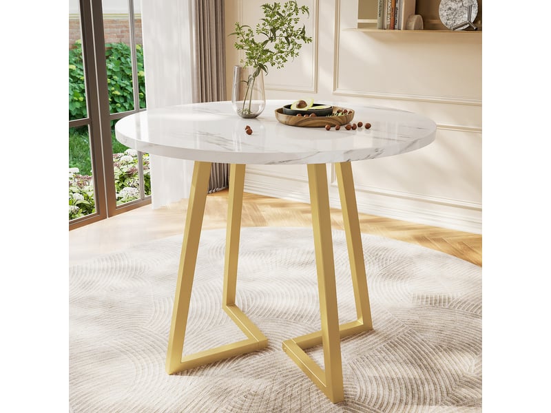  Table à manger ronde moderne effet marbre blanc et doré avec piètement métallique original  - Conforama B