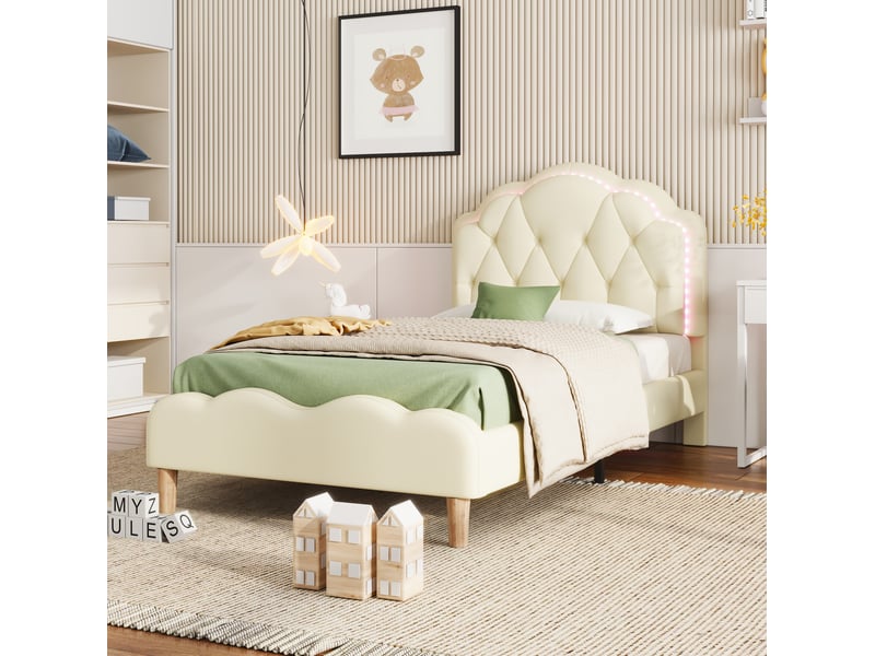  Modenvie lit enfant 90x200 cm - tête de lit ondulée avec led multicolore, sans matelas - beige  - Conforama D