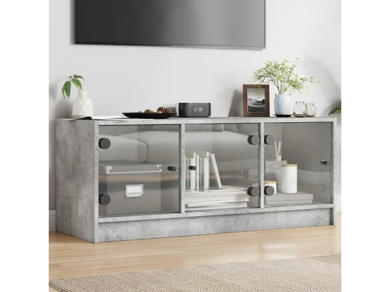  Meuble tv - banc tv - meuble de rangement avec portes en verre gris béton 102x37x42 cm  - Conforama B