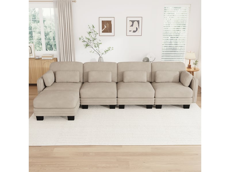 Canapé d'angle modulable - 4 places - forme l - 1 ottoman - coussins d'accoudoirs - tissu chenille - mobilier de salon - brun clair CozyNest - Conforama C