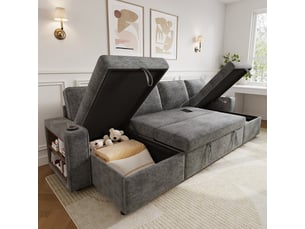 Canapé panoramique convertible 4 places forme u, coffres de rangement, usb, type-c, porte-gobelets, 4 coussins, chenille gris foncé