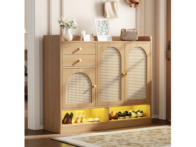 Meuble à chaussures 120x35x100 cm naturel mdf et panneau de particules, 3 portes 2 tiroirs led rangements - Conforama E