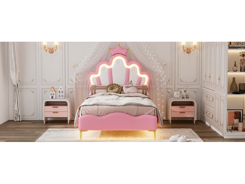 Lit double 90x200 cm style princesse couronne simili cuir rose led intégré sommier à lattes inclus Sol Morn - Conforama B