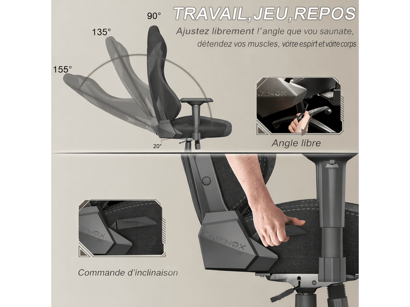  Fauteuil gaming ergonomique karnox en tissu - haut dossier, appui-tête lombaire, inclinable 155° verrouillable, gris foncé  - Conforama D