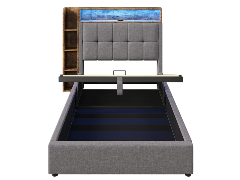 Lit coffre enfant 90x200cm style minimaliste rangement led tactile usb type-c tête capitonnée lin mdf gris sans matelas - Conforama A